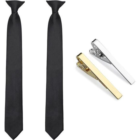 Black Clip On Ties for Men Set of 2 Pre Tied Solid Dress Business Tie - Picture 1 of 8